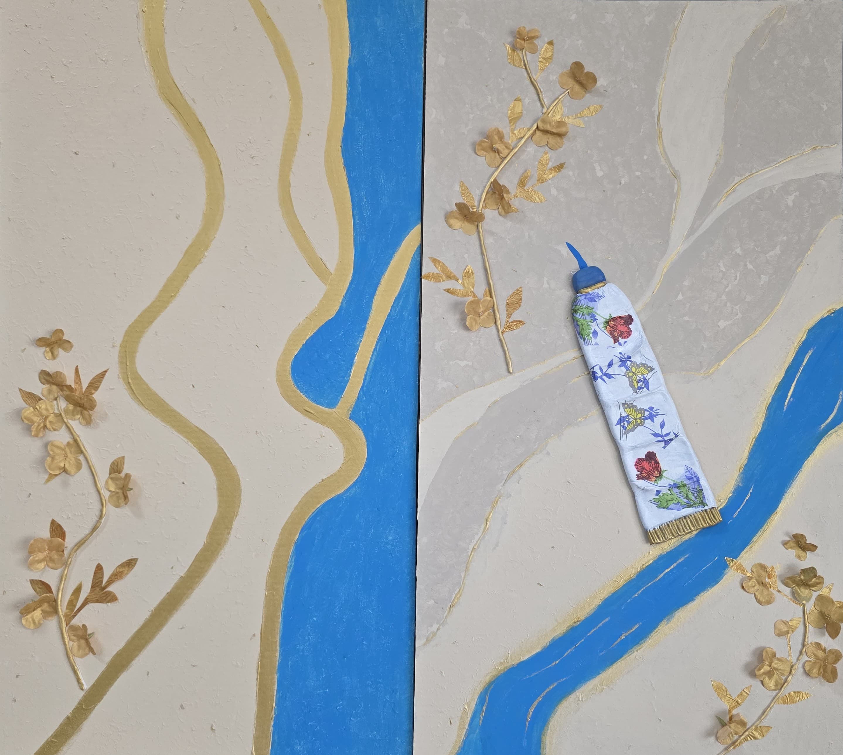 Decorative item with floral design and blue river on textured background
