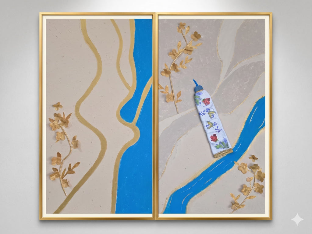 Framed artwork with a blue river and gold leaves on a gray background