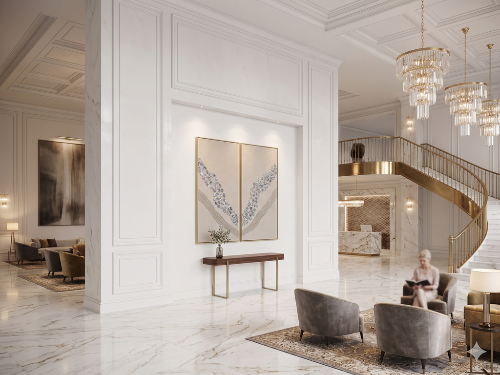 Luxurious interior of a hotel lobby with marble floors, elegant furniture, and a staircase.