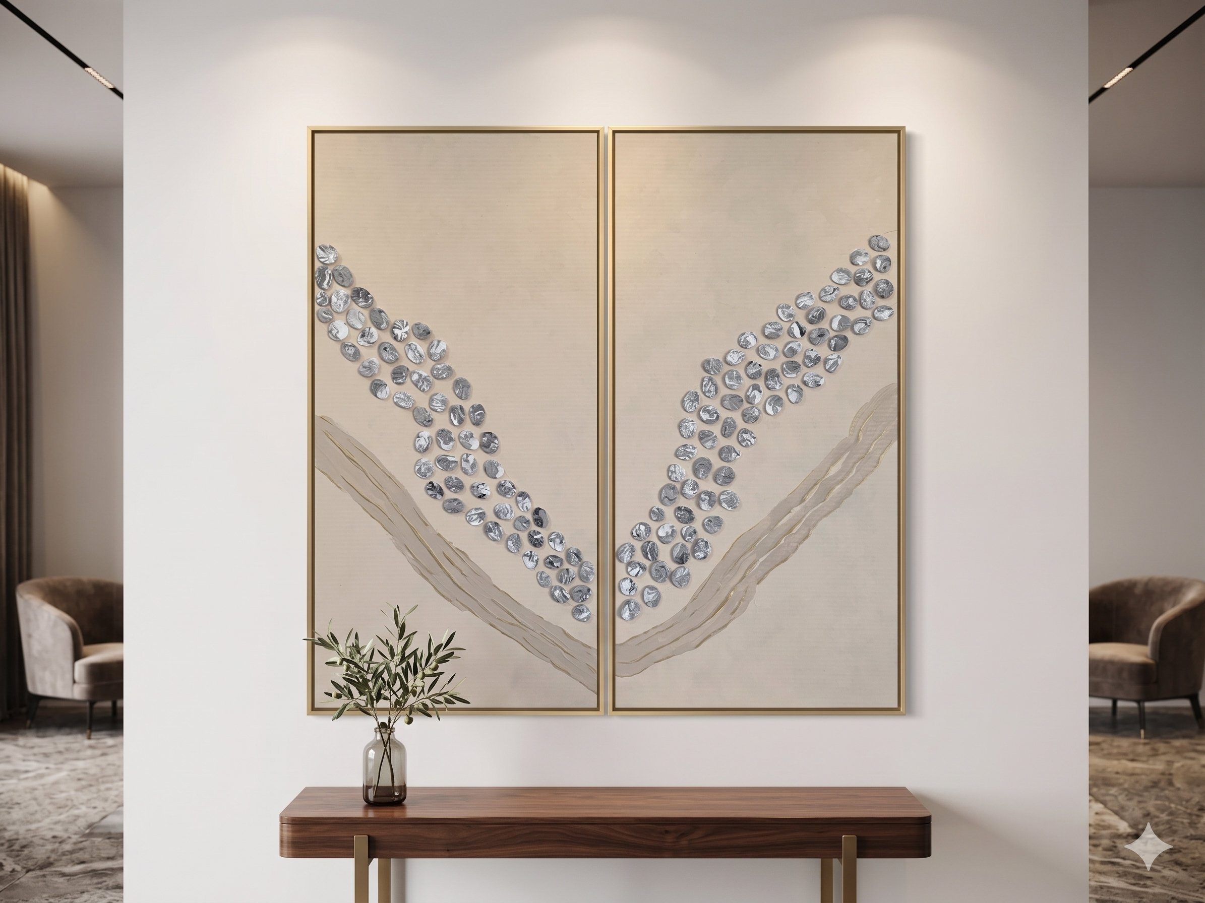 Large-scale abstract diptych art with gold frames hanging over a wooden console table in a modern, bright hotel hallway.