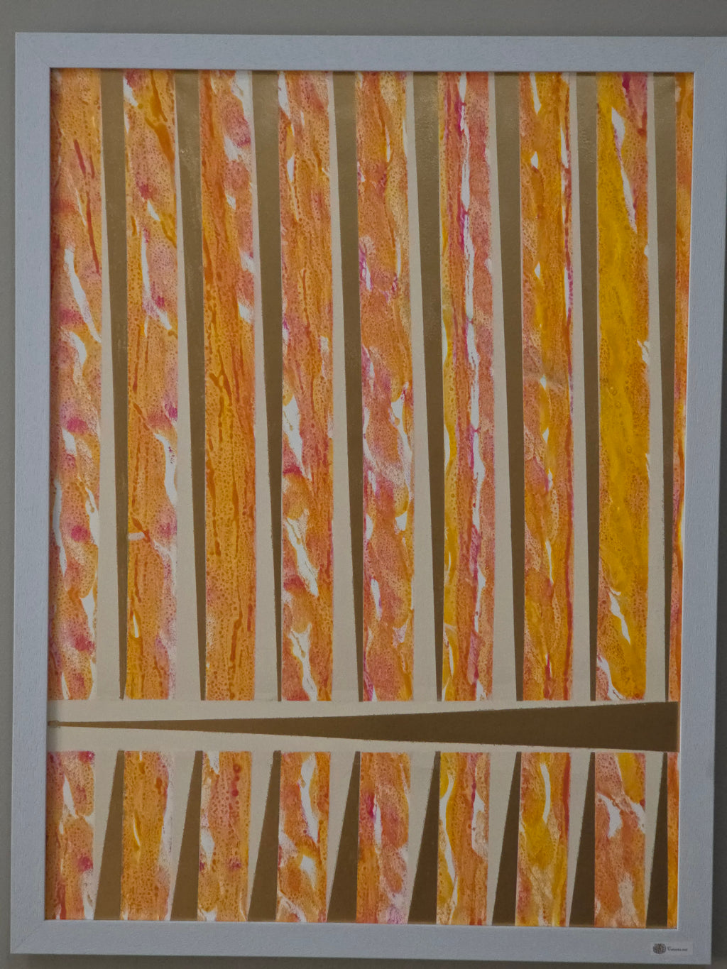 Artistic depiction of a window with horizontal blinds in shades of orange and brown.