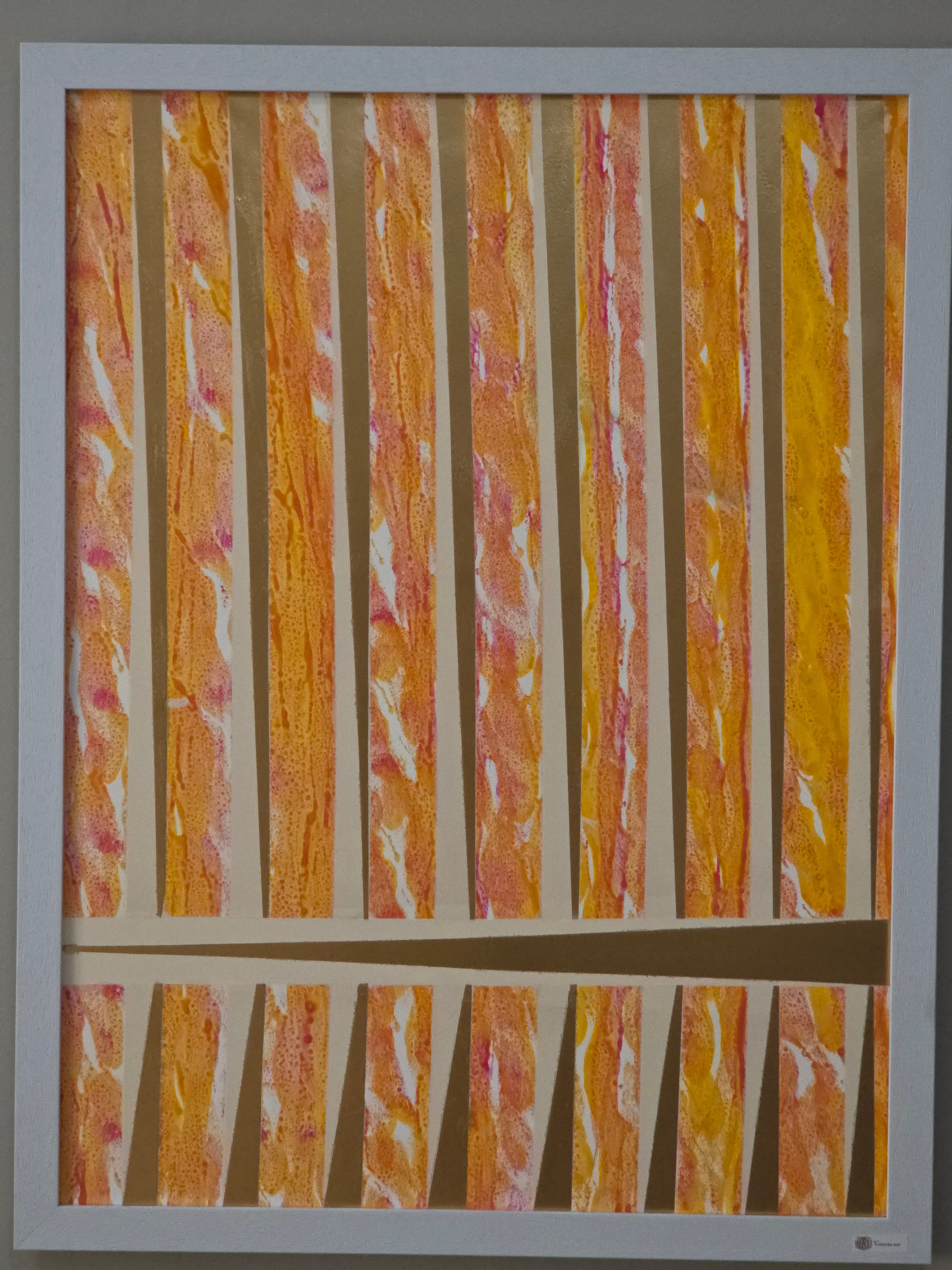 Artistic depiction of a window with horizontal blinds in shades of orange and brown.