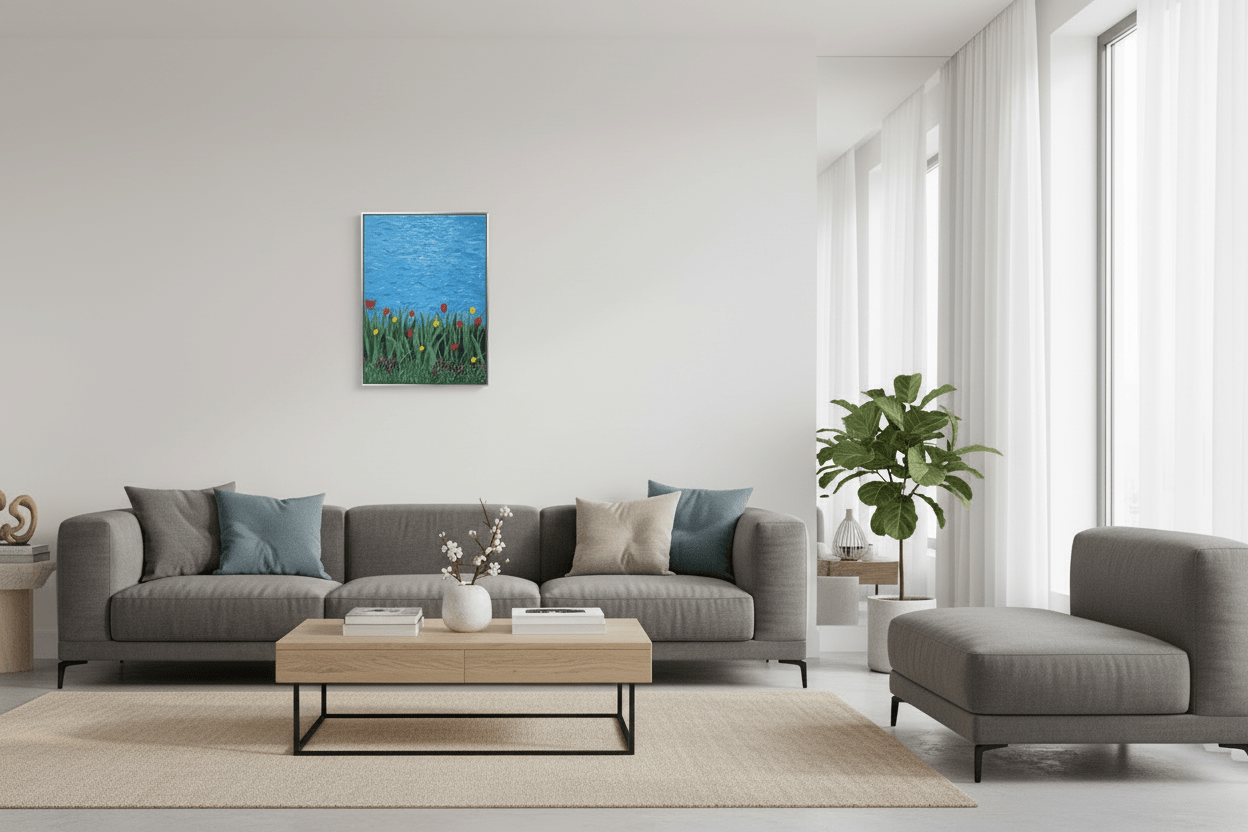Modern living room with gray sofa, coffee table, and wall art with fram.