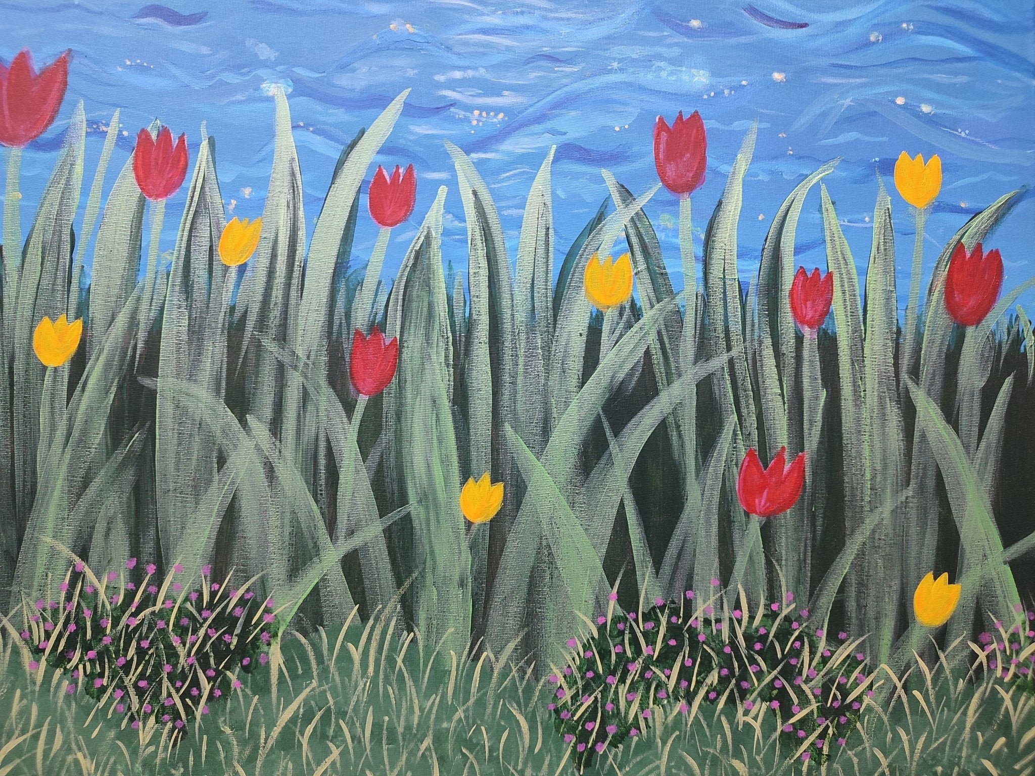 Detailed view of the cerulean water ripples and vibrant red tulip brushstrokes on the 'Aqua Melodies' canvas.