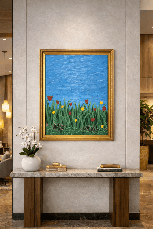 Aqua Melodies original tulip and water painting in a gold frame above a marble console table in a luxury hallway.