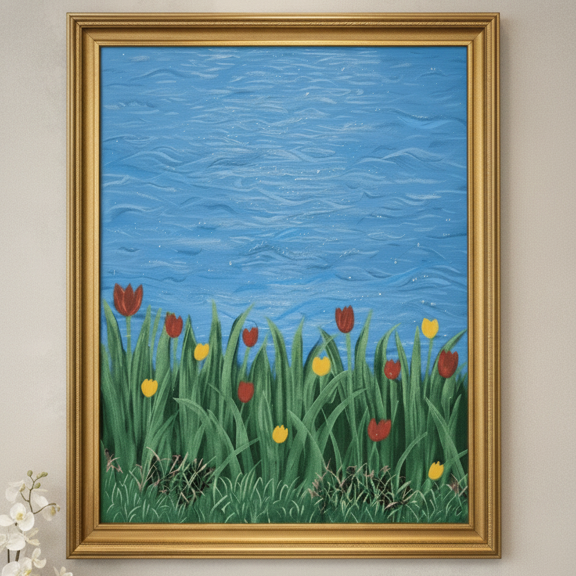 Framed artwork of grass with flowers against a blue sky on a wall.