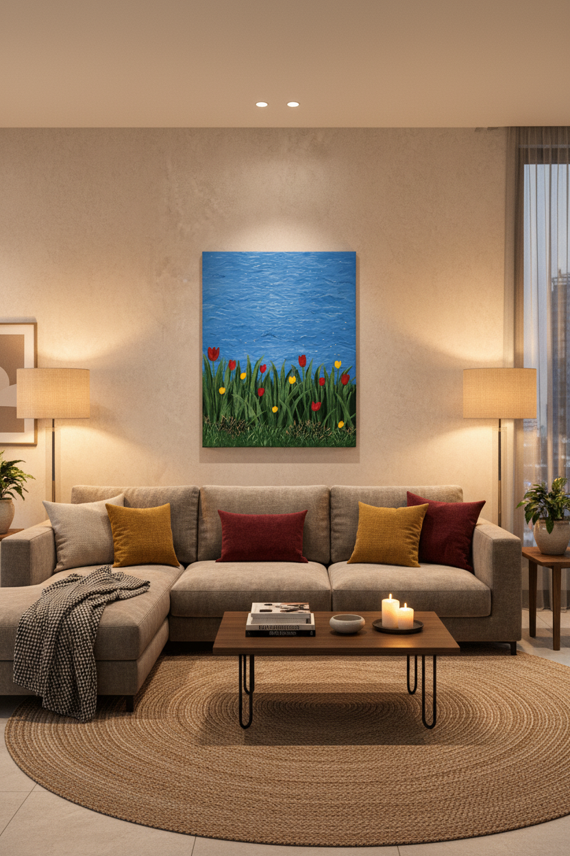 Nature-inspired blue and green abstract art 'Aqua Melodies' styled in a contemporary living room with neutral furniture.