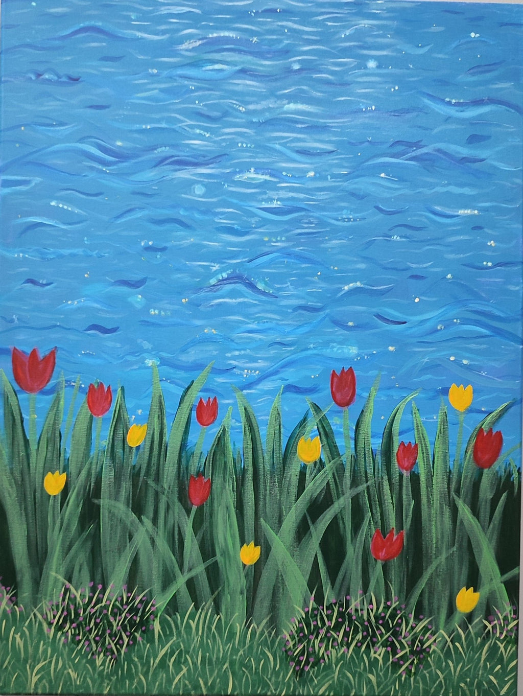 Full front view of the Aqua Melodies original artwork, showcasing the balance between the water ripples and the flower field.