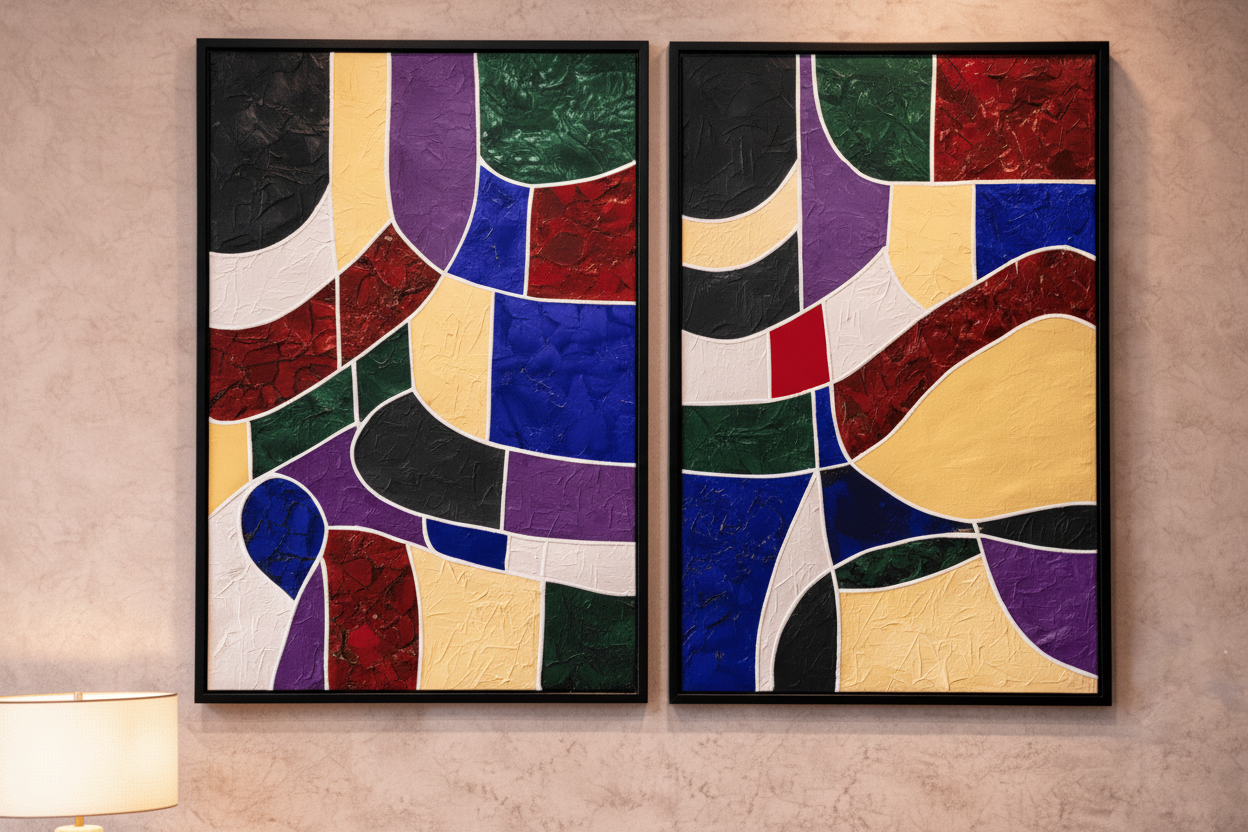 Architectures of Color abstract diptych styled in a high-end seating area, showing how the art complements modern luxury furniture.