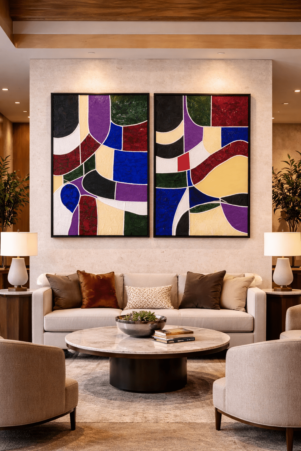 Architectures of Color abstract diptych styled in a high-end seating area, showing how the art complements modern luxury furniture.