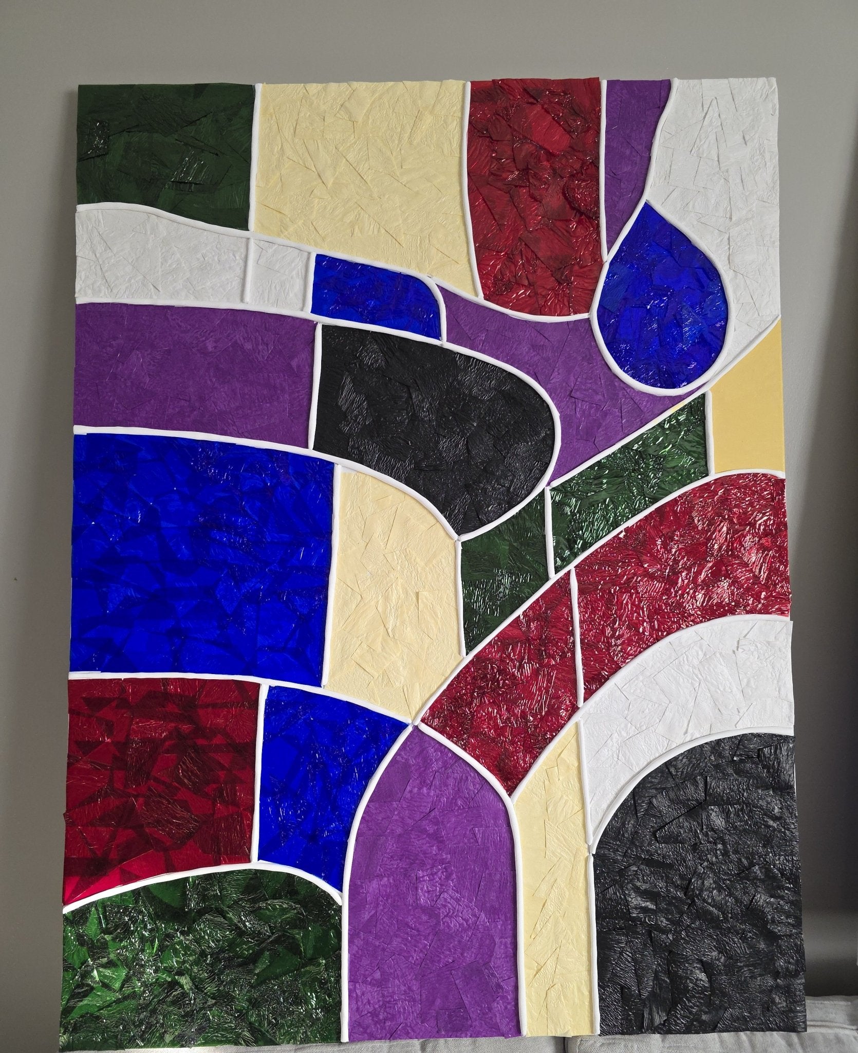 Detailed view of the right panel of Architectures of Color, showcasing vibrant purple, red, and gold mixed-media layers