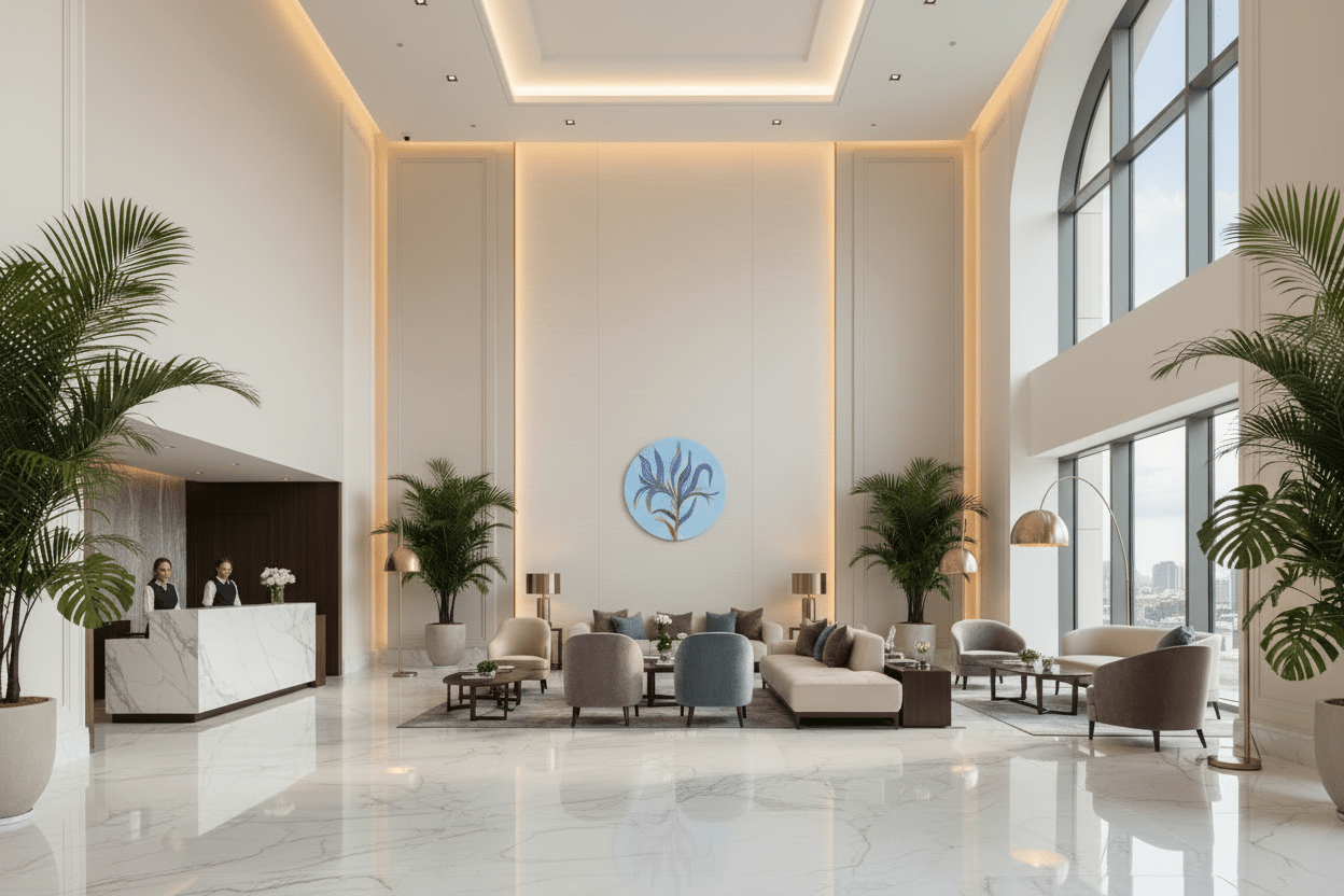Large circular sky-blue painting 'Azure Bloom' displayed in a grand luxury hall with high ceilings.