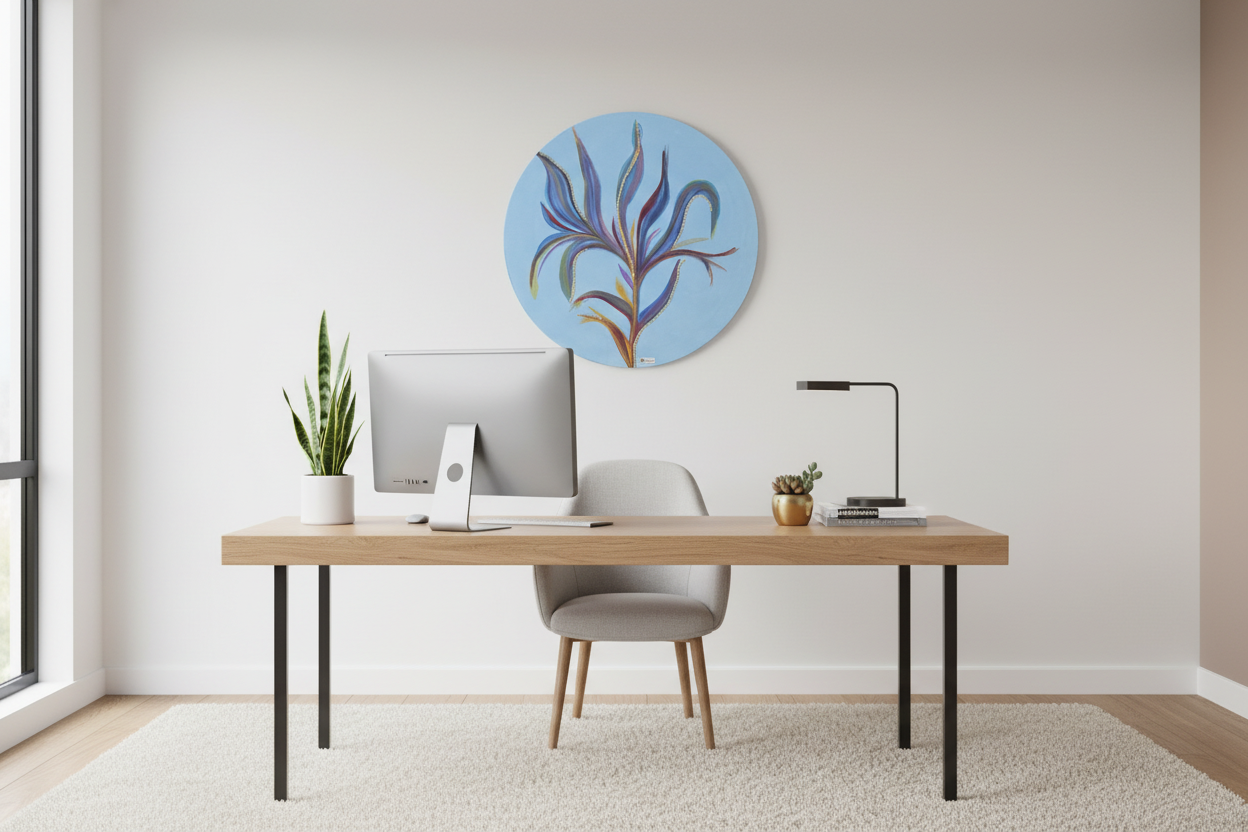 Minimalist round abstract art 'Azure Bloom' styled in a clean home office above a wooden desk.