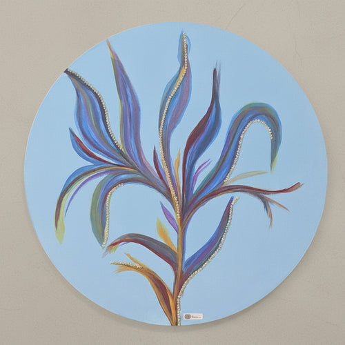 Full front view of Azure Bloom original artwork, showcasing the indigo leaves and shimmering reflective edges.