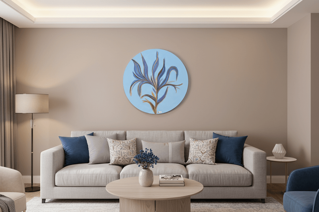 Azure Bloom original round botanical painting in blue and purple styled in a modern neutral living room