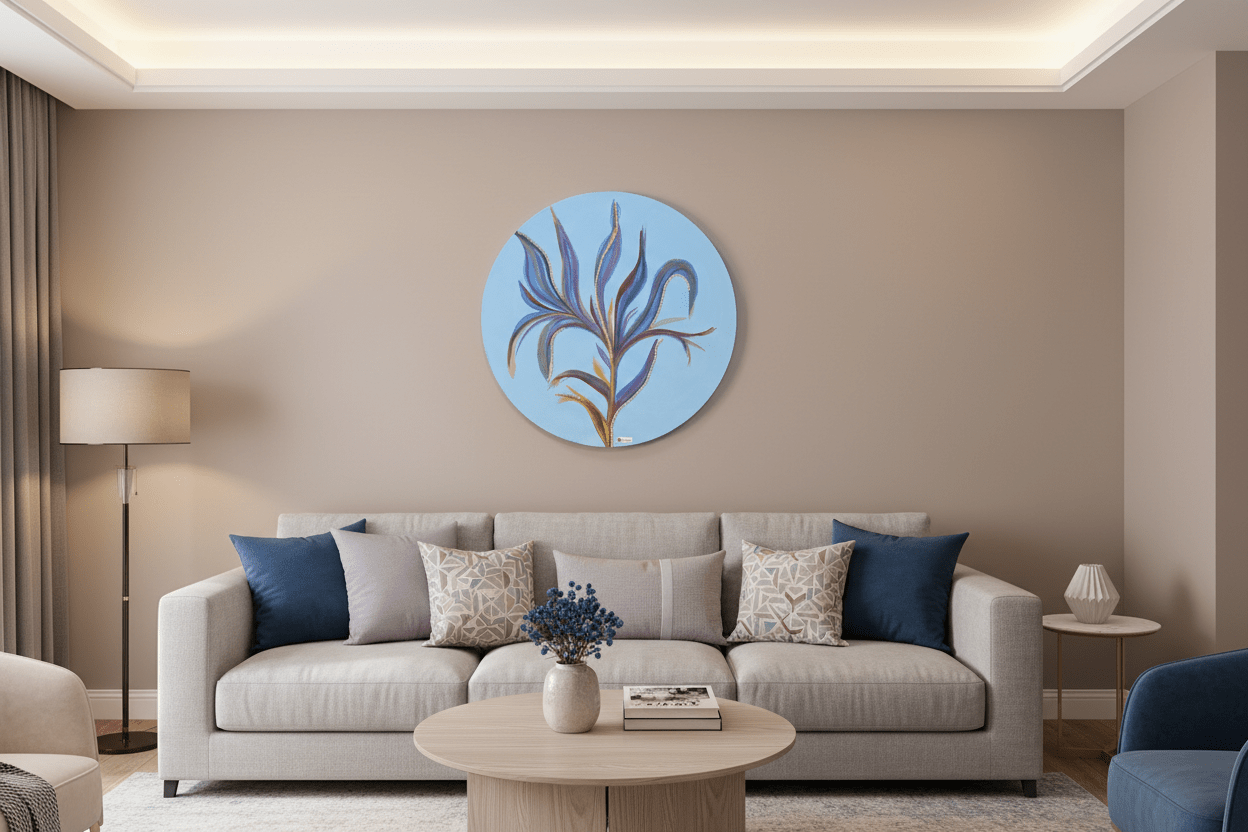 Azure Bloom original round botanical painting in blue and purple styled in a modern neutral living room