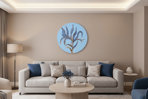 Azure Bloom original round botanical painting in blue and purple styled in a modern neutral living room