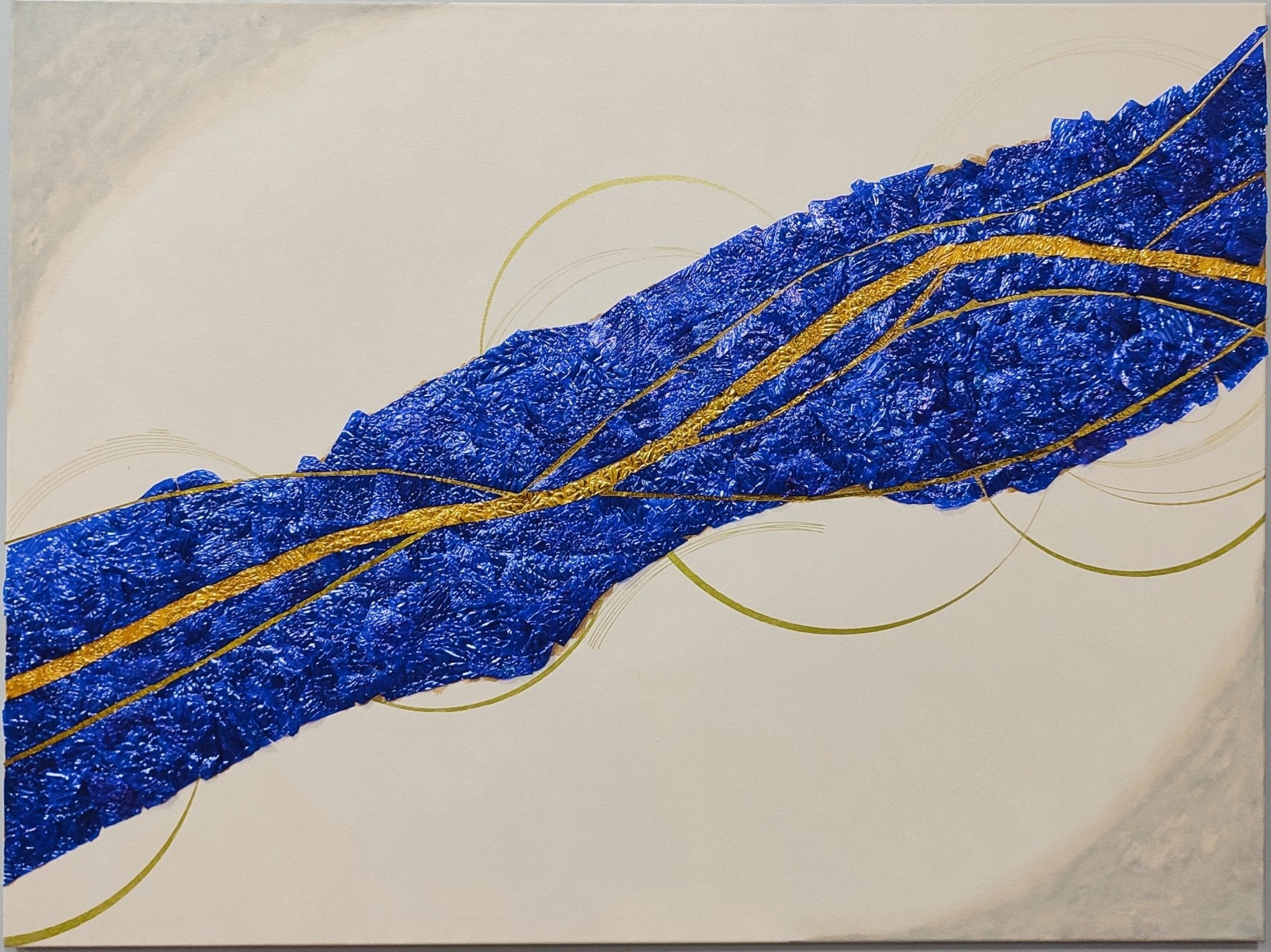 Extreme close-up of the sculpted 3D blue texture and gold line work on the 'Blue River of Time' canvas