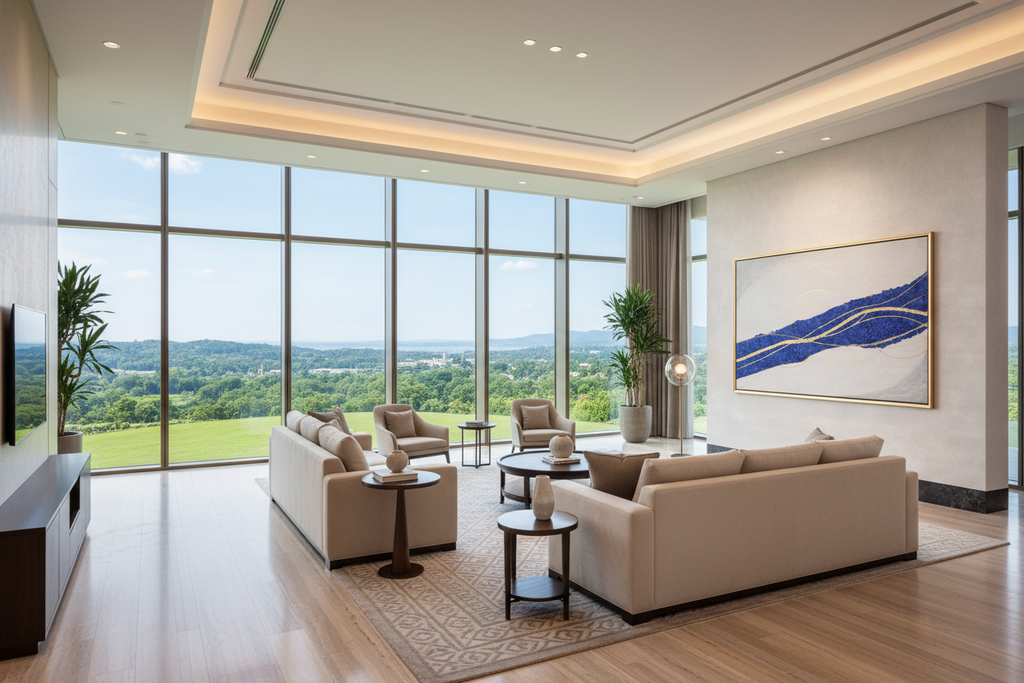 CatArts Blue River of Time painting styled in a luxury executive lounge with floor-to-ceiling windows