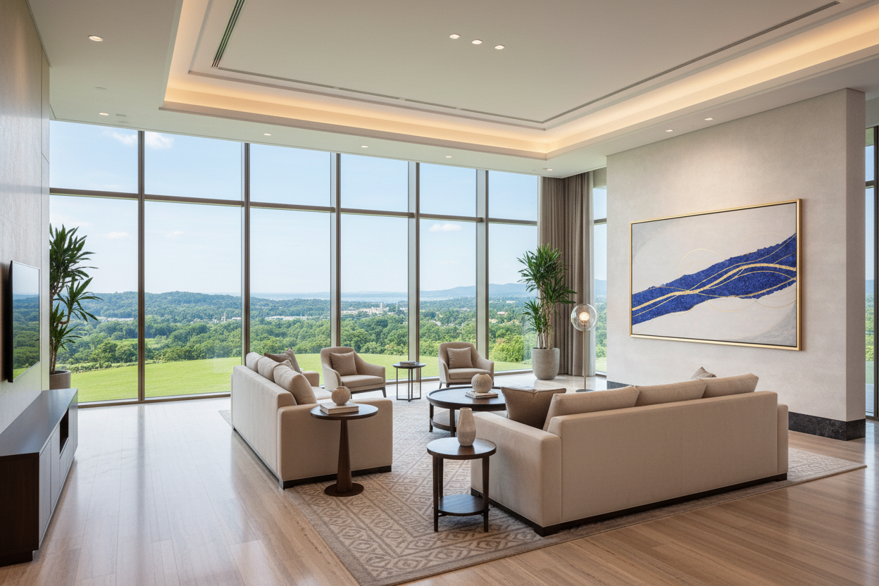 CatArts Blue River of Time painting styled in a luxury executive lounge with floor-to-ceiling windows