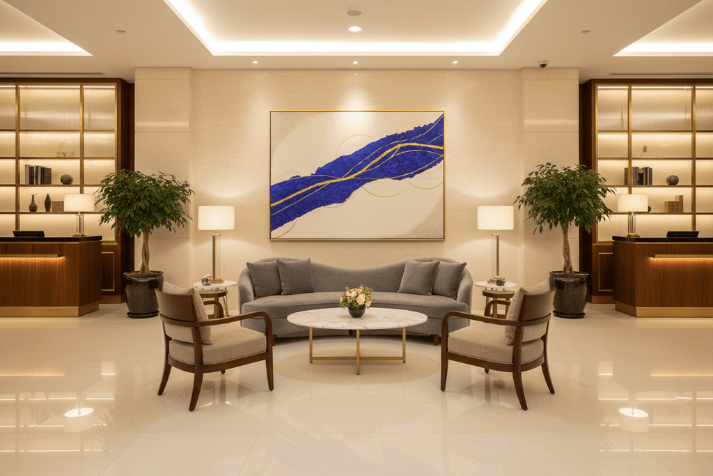 CatArts Blue River of Time painting shown in a high-end professional lobby with marble floors and warm lighting