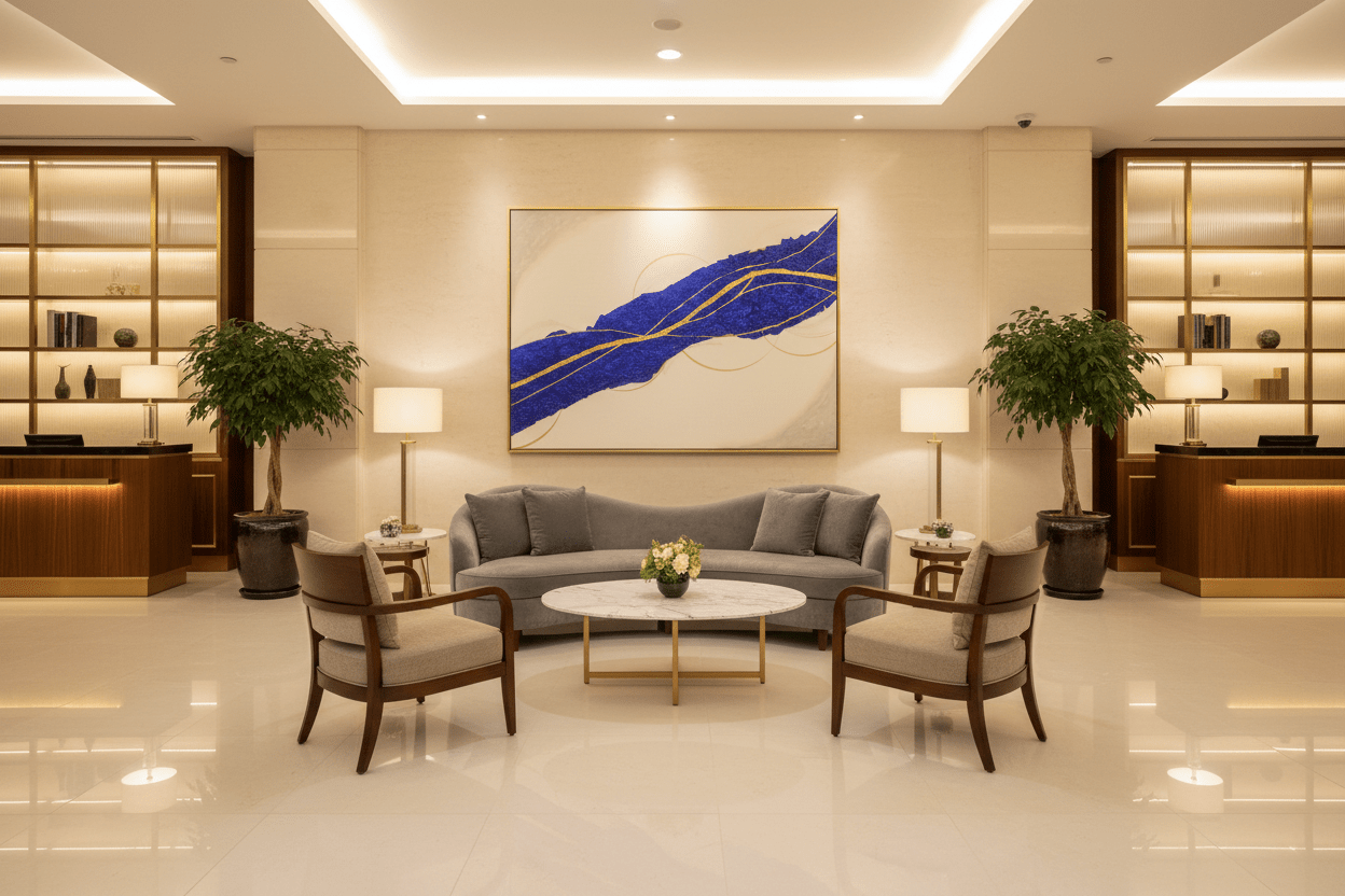 CatArts Blue River of Time painting shown in a high-end professional lobby with marble floors and warm lighting