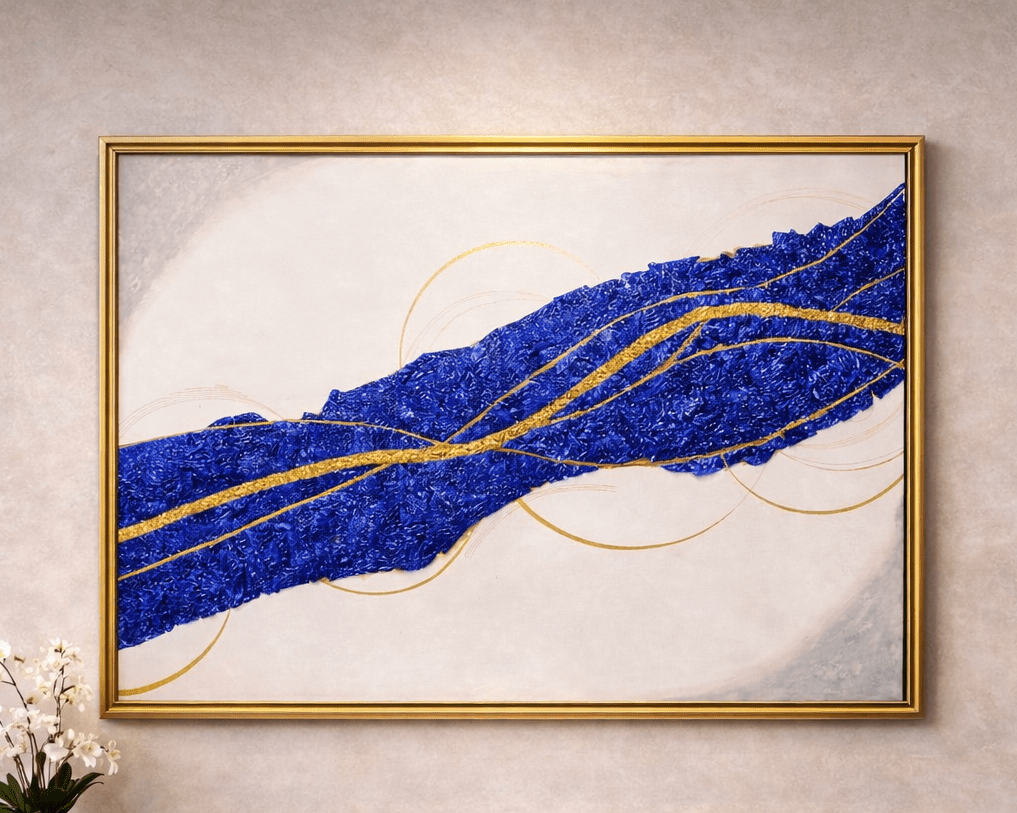 Framed abstract artwork with blue and gold design on a beige wall