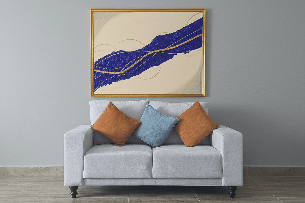 Large horizontal blue wall art 'Blue River of Time' hanging above a modern grey sofa in a minimalist interior.