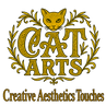 Logo for CatArts with a stylized cat head and decorative text on a white background