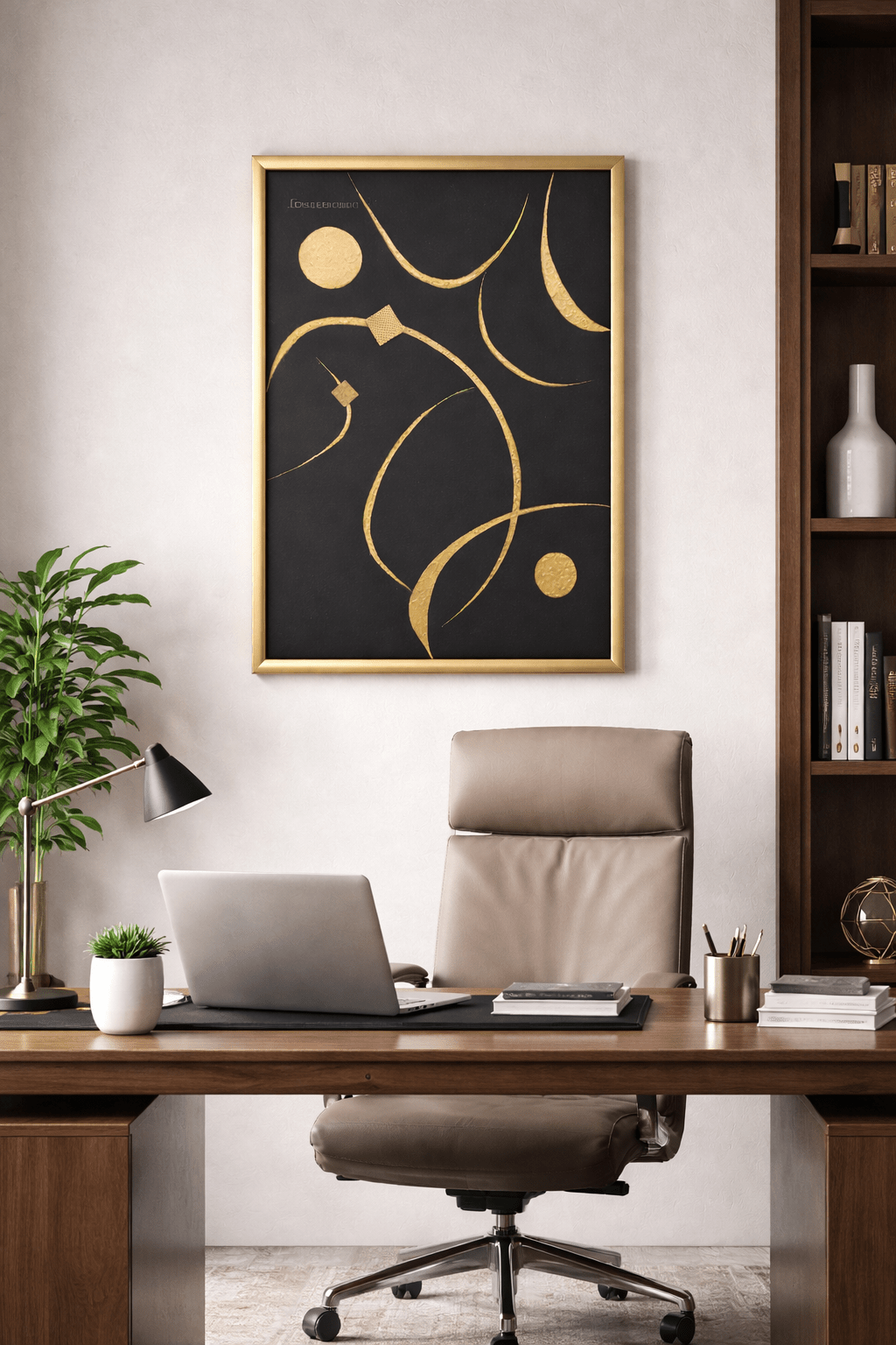 Minimalist gold wall art 'Celestial Calligraphy' styled in a professional executive office above a wooden desk