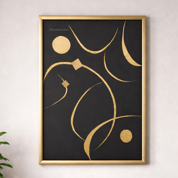 Framed abstract art with gold lines and circles on a black background