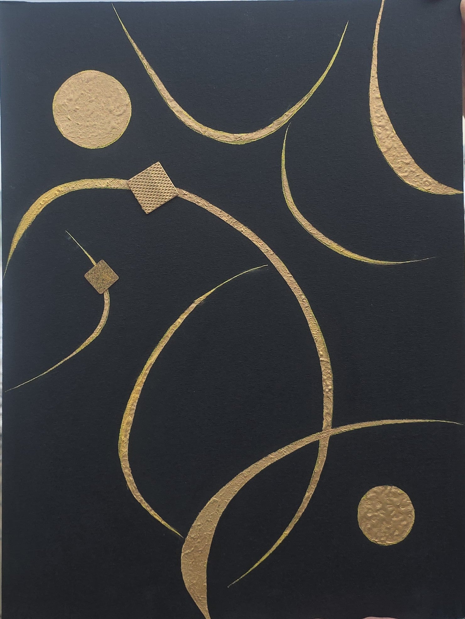 Full front view of the original Celestial Calligraphy artwork, showcasing the metallic gold arcs and 3D textured circles