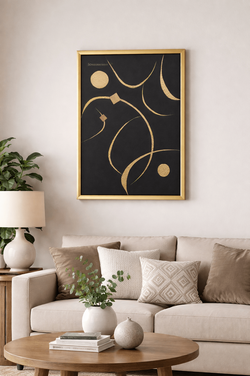 Celestial Calligraphy original black and gold abstract painting displayed in a gold frame above a neutral modern sofa