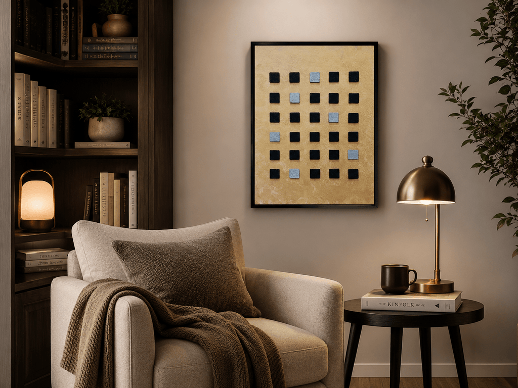 CatArts Cipher Grid small-scale abstract painting styled on a luxury bookshelf with modern accessories.
