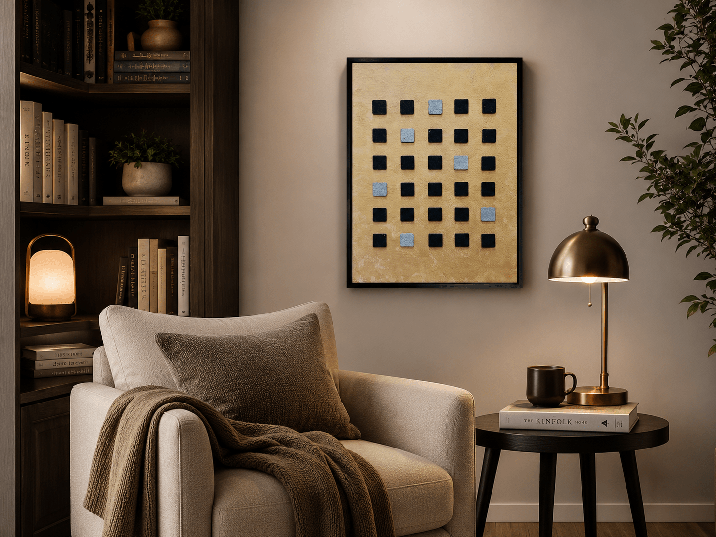 CatArts Cipher Grid small-scale abstract painting styled on a luxury bookshelf with modern accessories.