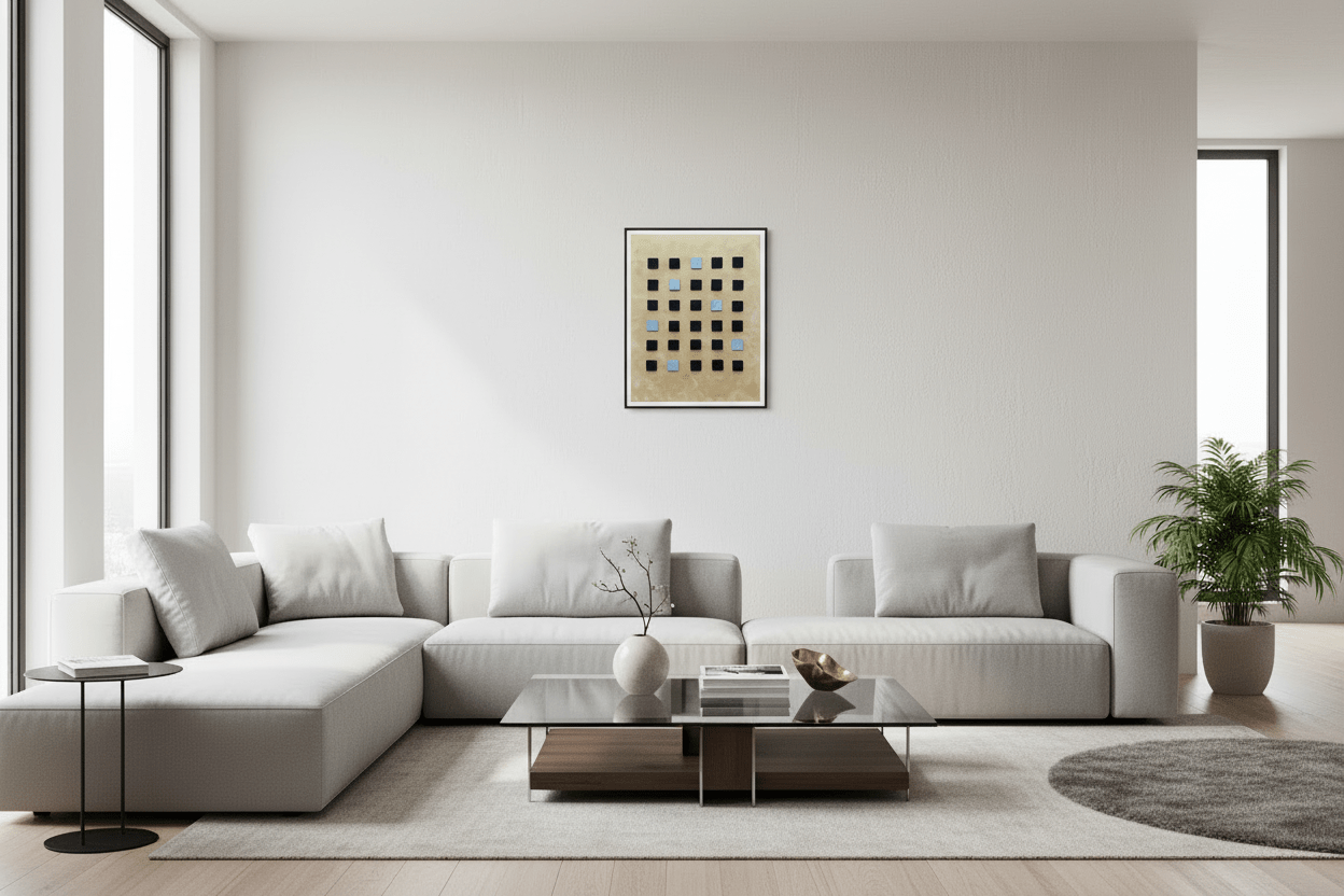 Cipher Grid original minimalist gold and black geometric painting styled in a modern executive office.