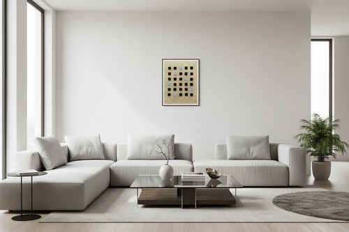 Cipher Grid original minimalist gold and black geometric painting styled in a modern executive office.