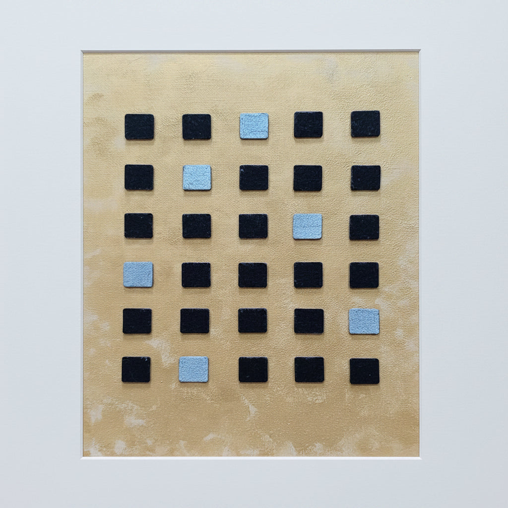 Full front view of Cipher Grid artwork showcasing the 3D grid of black and silver squares on gold.