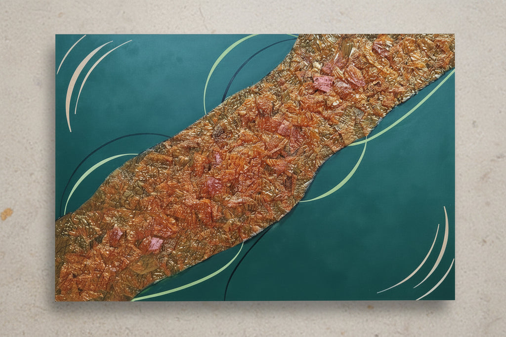 Detailed perspective view of the crinkled copper relief and textured surface of the 'Copper Current' abstract artwork