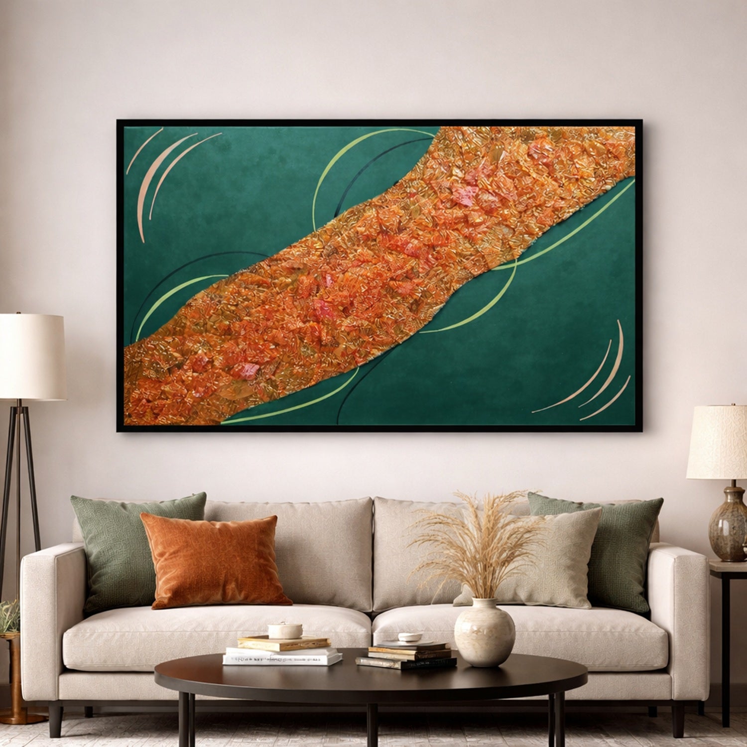 Copper Current original emerald green and copper textured abstract painting by CatArts, styled in a luxury modern living room