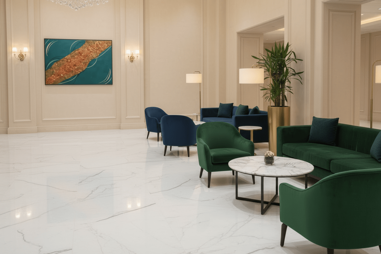 CatArts Copper Current textured abstract painting displayed in a spacious, professional luxury lobby area