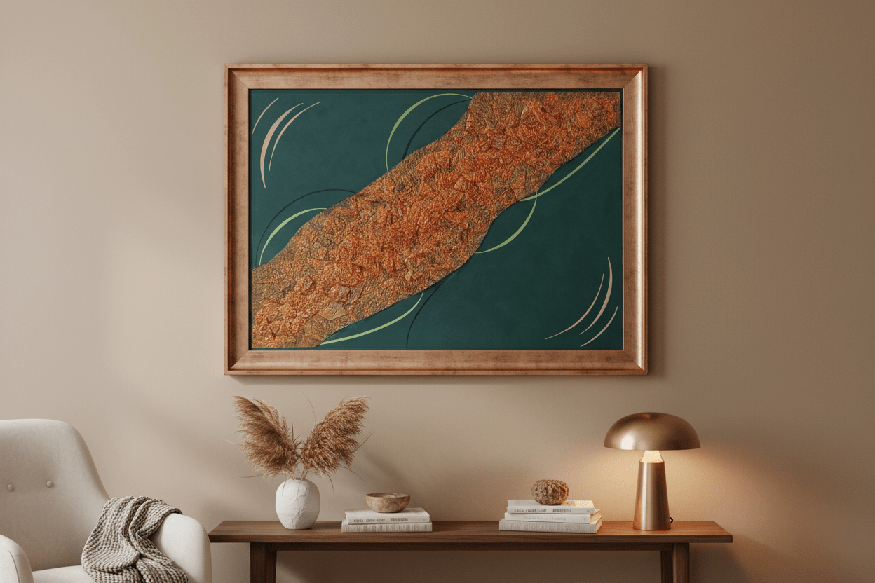 Metallic copper and teal green wall art 'Copper Current' displayed on a neutral wall with minimalist boutique decor