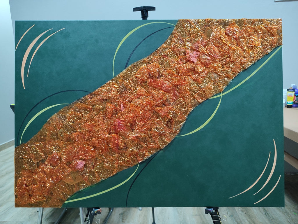 Full view of 'Copper Current' on a studio easel, showing the high-relief metallic copper texture and fine line work