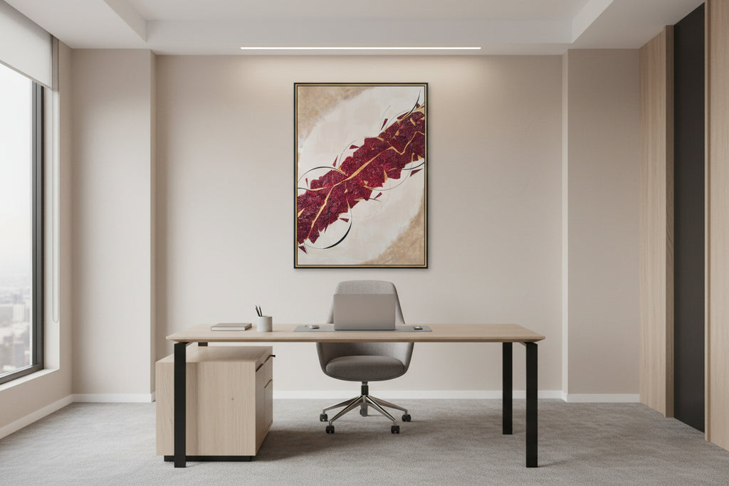 CatArts Crimson River of Gold statement painting styled in a minimalist executive office