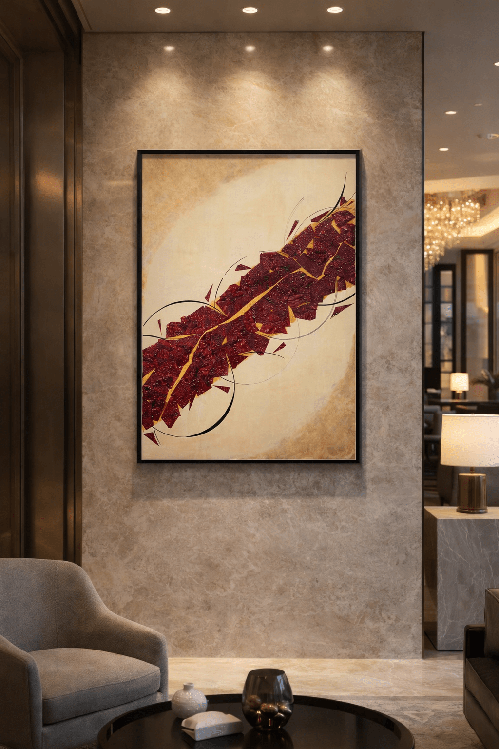 Crimson River of Gold large red and gold abstract painting displayed on a marble feature wall in a professional lobby.