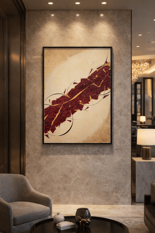 Crimson River of Gold large red and gold abstract painting displayed on a marble feature wall in a professional lobby.
