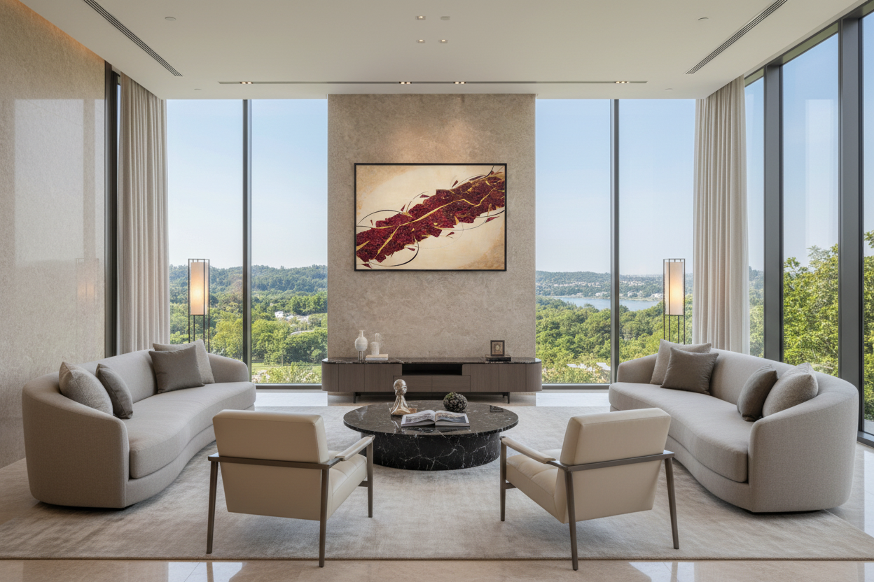 Large vertical crimson abstract wall art 'Crimson River of Gold' hanging in a spacious luxury living room with high ceilings.