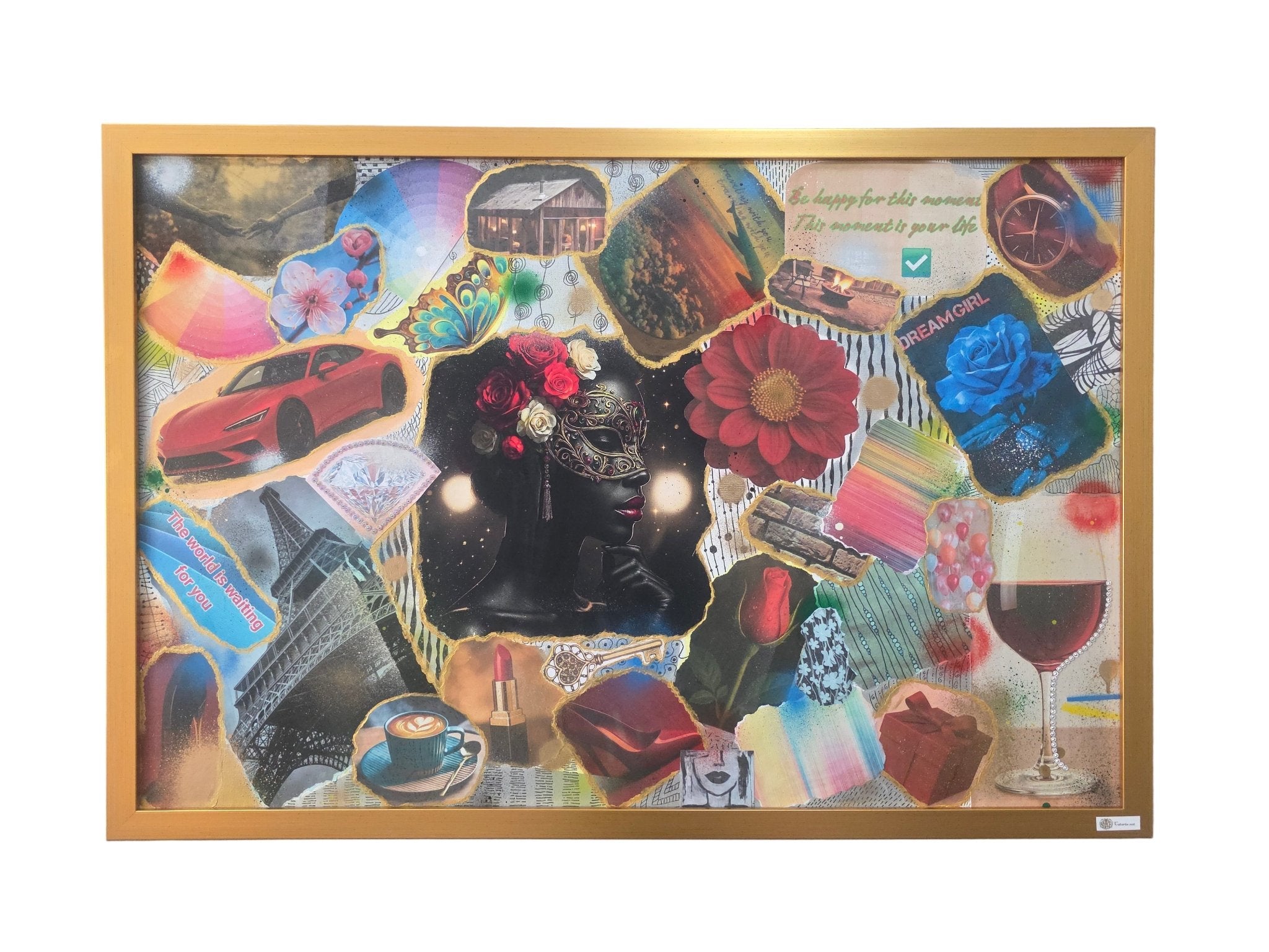 Colorful collage with various objects including a car, flowers, and a glass of wine, framed in gold.