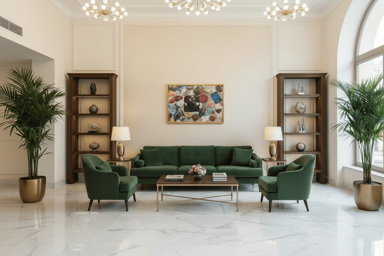 Large Dreamgirl mixed-media art in a gold frame styled in a grand professional lobby with emerald furniture
