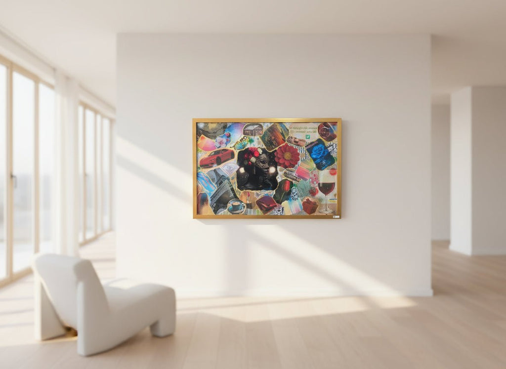 Dreamgirl Vision Board original mixed-media collage by CatArts displayed in a bright, minimalist modern lounge.